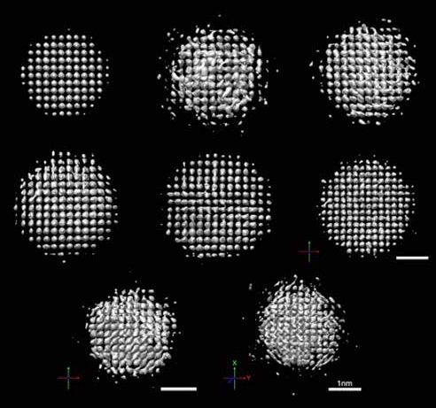 3D images of platinum particles between 2-3 nm in diameter shown rotating in liquid under an electron microscope