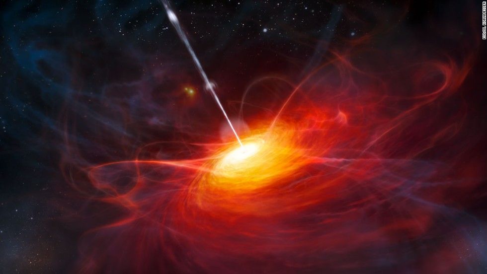 Some of the most breathtaking images in the night sky come from quasars. This artist's rendering displays the quasar's luminance, which is brighter than a billion suns. The beam is matter being shot into space.